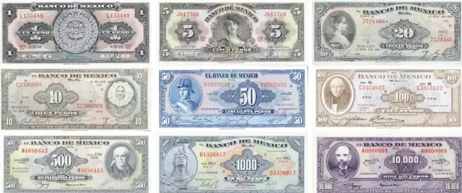 Colección de nueve billetes antiguos del Banco de México: 1, 5, 20, 10, 50, 100, 500, 1 000 y 10 000 pesos, con distintos diseños y colores.
