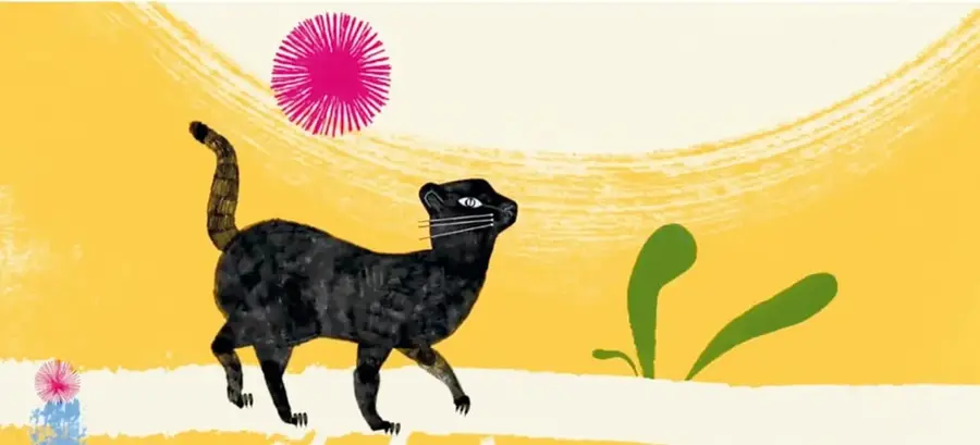 Ilustración de un ocelote negro con manchas caminando sobre un fondo amarillo pincelado, con hojas verdes y círculos rosas (aguacates) volando.