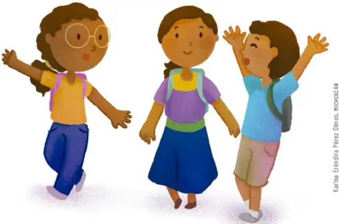 Ilustración de tres niños y niñas caminando juntos y sonrientes, con mochilas, tomados de la mano en señal de amistad e inclusión.