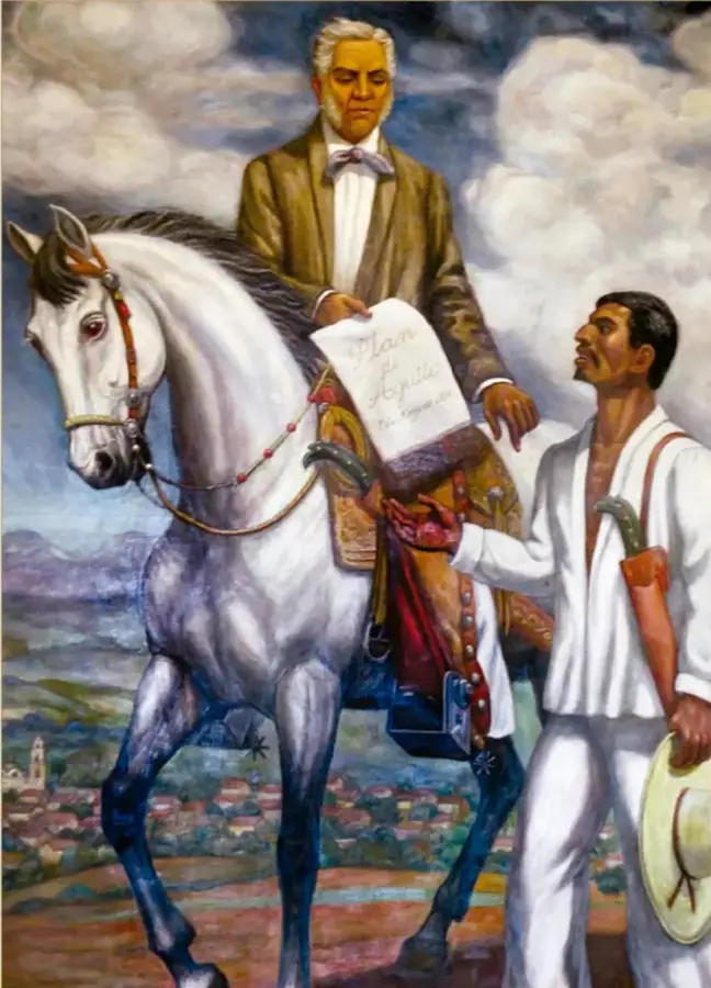 Óleo de Luis Garcés: Juan Álvarez, vestido con chaqueta y corbata, montado en un caballo blanco, entrega el documento 'Plan de Ayutla' a un campesino con sombrero de paja, camisa blanca y machete al cinturón. Al fondo se ve un pueblo y un paisaje montañoso con nubes.