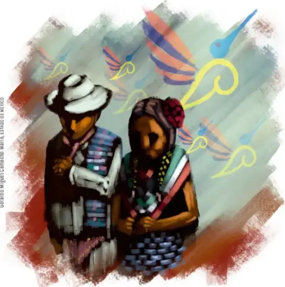 Ilustración de una pareja indígena: un hombre con sombrero blanco y ropa tradicional de rayas, y una mujer con vestimenta bordada y flores en el cabello. Al fondo, aves estilizadas de colores. Obra de Gerardo Miguel Camacho María, artista de México.