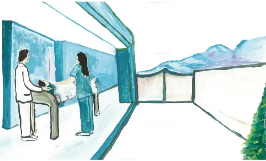 Ilustración de dos personas (una parece personal de salud) en un pasillo de un centro de salud u hospital, junto a una cama, con un paisaje de montañas y un árbol visible al fondo. Firma: Abdón Pinedo García, Zacatecas.