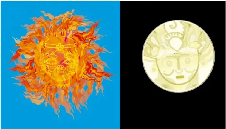 Sol de rostro humano con llamas rojas y naranjas sobre fondo azul celeste.