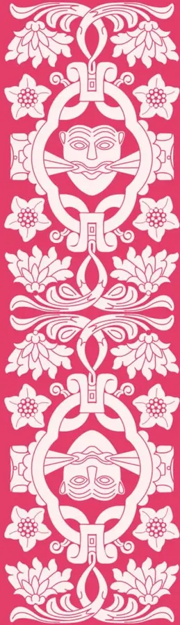 Banda vertical decorativa magenta con motivos florales simétricos y dos rostros prehispánicos enmarcados, igual que la portada de la sección anterior.