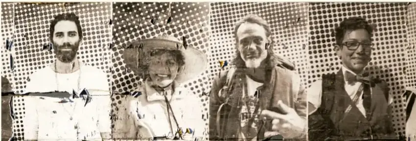 Cuatro retratos fotográficos en blanco y negro de personas adultas mayores y jóvenes, con fondo de puntos, que ejemplifican el proyecto de retratos.
