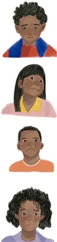 Cuatro retratos de estudiantes con expresiones de preocupación o seriedad.