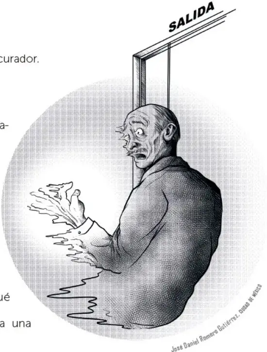 Ilustración de un hombre calvo con expresión de asombro, atravesando un marco de puerta con la palabra SALIDA; al fondo se ve una textura punteada que sugiere el vacío.