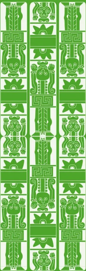 Ilustración decorativa verde con motivos prehispánicos: figuras estilizadas de personajes, aves, plantas y grecas, en tres columnas verticales tipo códice o textiles mesoamericanos.