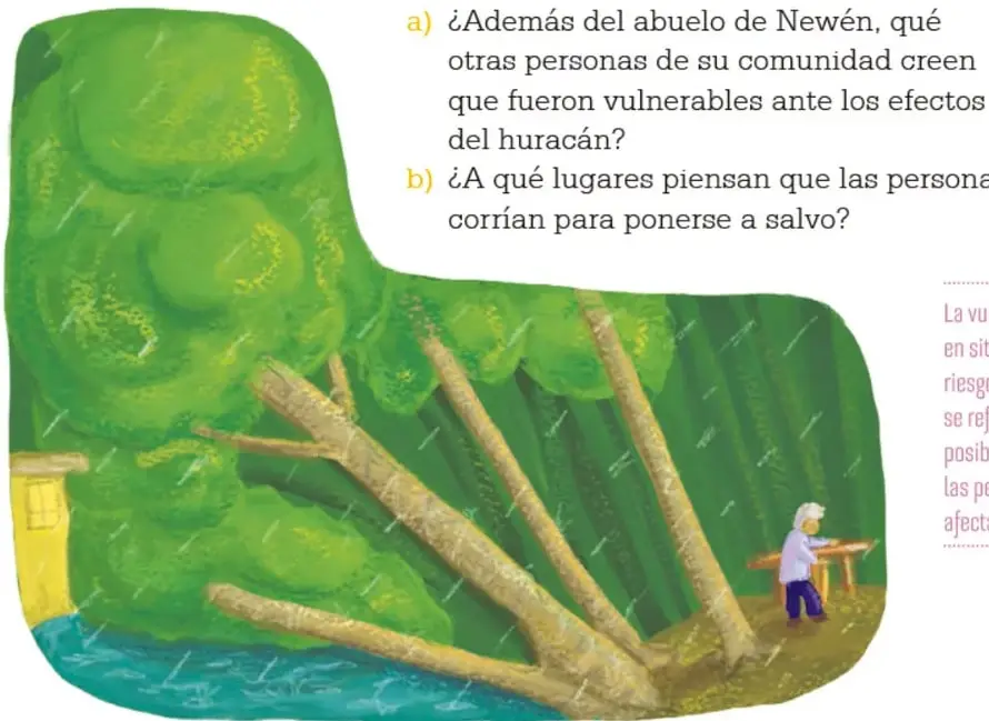 Ilustración de un huracán con árboles caídos, una casa amarilla junto al agua y un adulto mayor refugiado bajo una mesa de madera.