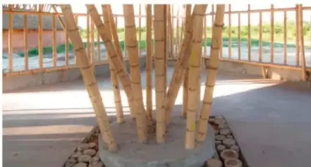 Fotografía de varias cañas de bambú largas unidas por su parte superior formando una estructura que se abre como base sobre el pavimento.