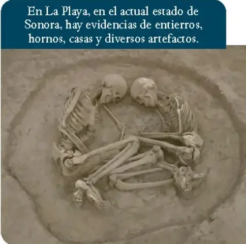 Fotografía de un entierro prehispánico con restos óseos, acompañada de un recuadro que menciona evidencias de entierros, hornos, casas y artefactos en La Playa, Sonora.