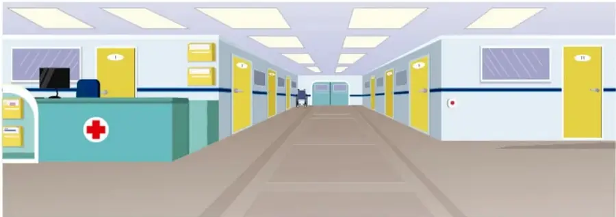 Pasillo de hospital con recepción (mostrador turquesa con cruz roja), computadora, puertas amarillas y silla de ruedas; representa las 20 habitaciones por numerar.