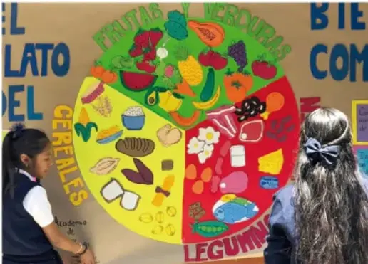 Fotografía de dos estudiantes frente a un mural del plato de la buena alimentación (frutas, verduras, cereales, leguminosas) en una exposición escolar.