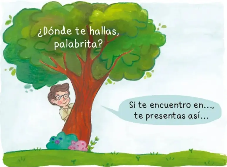 Ilustración de un árbol grande con un niño con lentes escondido detrás del tronco; en la copa un globo dice '¿Dónde te hallas, palabrita?' y a la derecha otro globo dice 'Si te encuentro en..., te presentas así...'. Crédito: Alheli Atenea Zamorano Caballero, Ciudad de México.