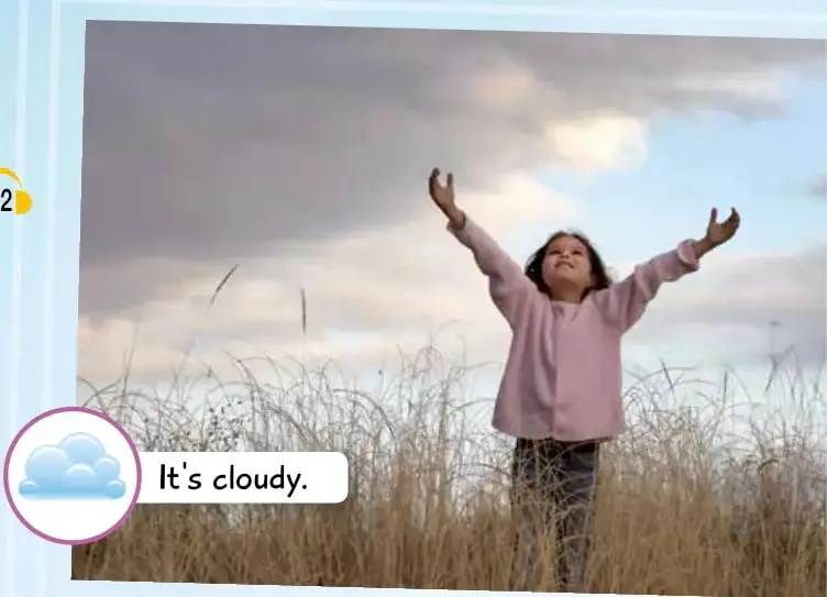 Niña con polerón rosado y brazos abiertos bajo un cielo nublado, rodeada de pastizales. Ícono de nubes y texto 'It's cloudy.'