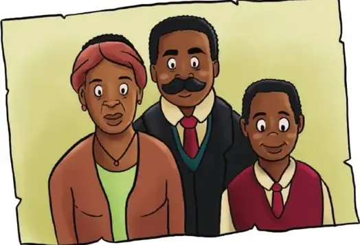 Ilustración de una familia afroecuatoriana sonriente: padre, madre y dos niños, en plano medio.