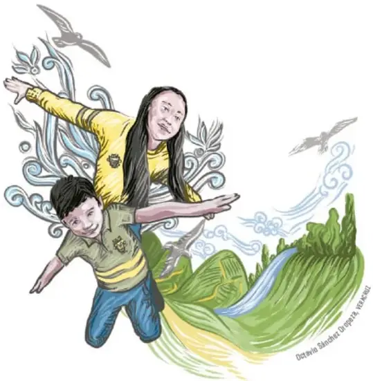 Ilustración de dos niños volando con los brazos extendidos, rodeados de aves y nubes estilizadas, sobre un paisaje verde con un río.