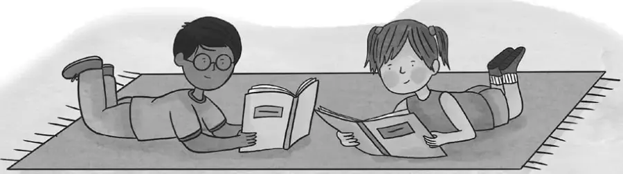 Ilustración en blanco y negro de dos estudiantes recostados sobre una alfombra leyendo sendos libros; uno usa lentes y el otro tiene el pelo tomado en colitas.
