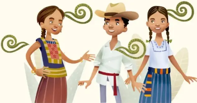 Ilustración de tres jóvenes con vestimenta tradicional mexicana; al fondo, espirales decorativas de color verde. Crédito: Beatriz Saldaña Peláez, Ciudad de México.