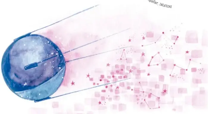 Ilustración de una esfera azul (la cápsula Sputnik 2) con antenas, dejando un rastro de estrellas y figuras geométricas rosas que se desvanecen.