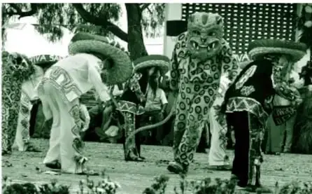 Fotografía 'Danza de jaguar' de Salatiel Barragán Santos: danzantes enmascarados con sombreros de palma y uno con traje y máscara de jaguar, en una calle con árboles y muros de la comunidad.