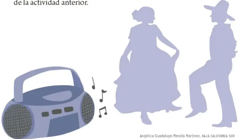 Siluetas de una pareja bailando (mujer con falda y hombre con sombrero) junto a una grabadora con notas musicales.