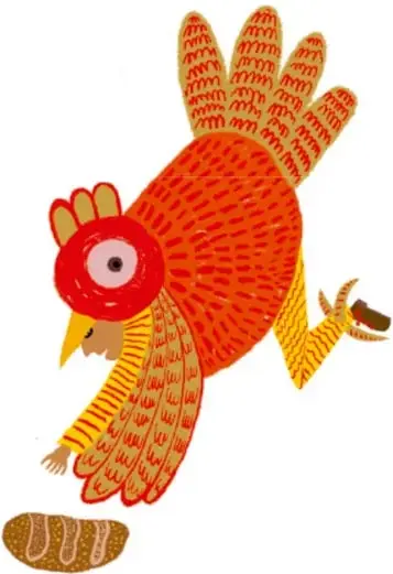 Ilustración de un gallo rojo y naranja volando con las alas extendidas, estilo popular mexicano.