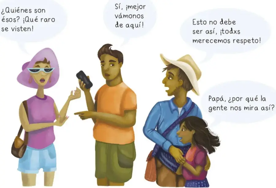 Ilustración de una plaza con cuatro personajes: una señora con lentes y cabello rosa, un joven con celular, un papá con sombrero y su hija Nicté, con globos de diálogo sobre discriminación y respeto.