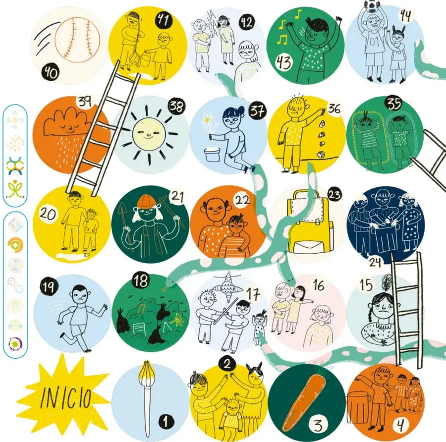 Tablero de serpientes y escaleras con casillas circulares de colores numeradas del 1 al 44 en zigzag: el 1 muestra un pincel o flor, el 2 una familia, el 3 una zanahoria, el 4 niños con un bote de basura, el 15 una niña levantando la mano, el 17 niños con una piñata, el 18 conejos en el campo, el 19 un niño corriendo, el 21 una persona con casco de construcción, el 22 una madre con niño, el 23 una mochila amarilla, el 24 tres niños, el 37 un niño regando una planta, el 38 un sol y el 39 una nube con lluvia, el 41 y 42 niños ayudándose, el 43 un niño con notas musicales y el 44 niños jugando con un balón. Empieza en un estallido amarillo rotulado INICIO.