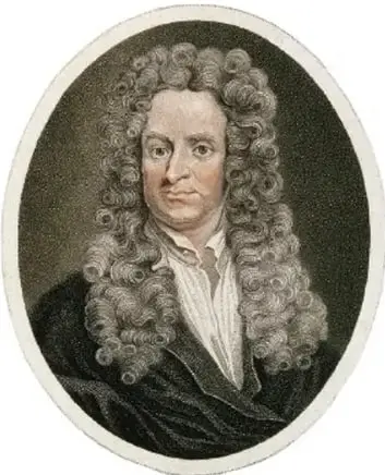 Retrato de Isaac Newton con peluca y vestimenta de época.