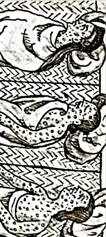 Ilustración de estilo indígena (códice) que muestra a varias personas postradas en esteras, cubiertas de pústulas, enfermas de viruela o hueyzáhuatl durante el sitio a Tenochtitlan; procede de la obra de Fray Bernardino de Sahagún, Historia general de las cosas de Nueva España, libro XII, folio 53v, acervo INEHRM.