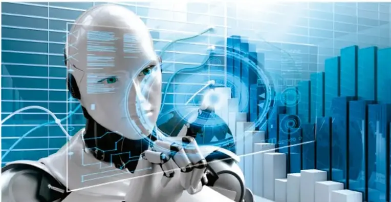 Imagen de un robot humanoide blanco en pose de reflexión (mano en el rostro) sobre un fondo tecnológico azul con gráficas de barras y pantallas de datos.