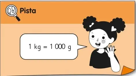 Recuadro 'Pista' con una niña que indica $1\text{ kg} = 1\,000\text{ g}$.