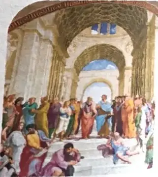 Ilustración de una escena clásica con personajes reunidos en un espacio arquitectónico, relacionada con la cultura grecorromana y la palabra.