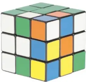 Cubo Rubik mezclado, con caras de colores combinados (blanco, verde, azul, naranja, amarillo).