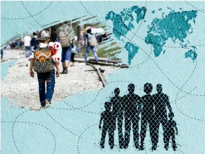Collage con la silueta de un mapa mundial en color azul, la fotografía de un niño migrante caminando con mochila y la silueta de una familia tomada de la mano.