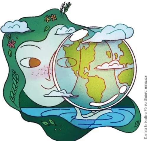 Ilustración artística (Karina Fernández Pérez-Díaz, IMNAH) que muestra un rostro humano de perfil junto a un planeta Tierra entre nubes, vegetación y agua, representando la unión entre la persona, la tierra y la naturaleza.