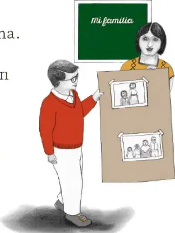 Ilustración de una niña junto a un cartel escolar que dice 'Mi familia' y un niño que señala un afiche con dibujos de integrantes familiares; crédito fotográfico 'Rosana Meza Zámacoid, PUEBLA'.