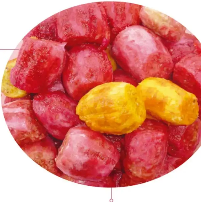 Fotografía circular de muchas tunas rojas y algunas amarillas peladas, apiladas.