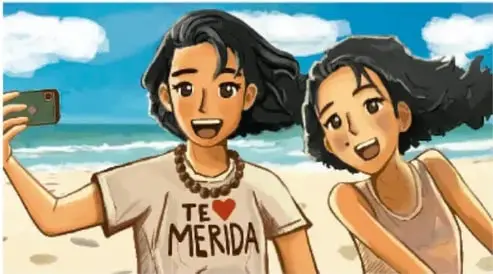 Dos jóvenes tomándose una selfie en la playa; una lleva una playera con la frase 'TE MERIDA'.