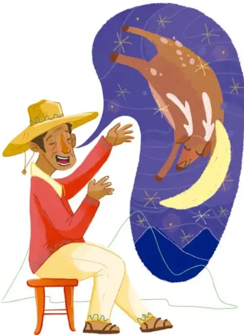 Ilustración de un narrador con sombrero, sentado en un taburete, contando una historia; sobre un fondo azul con estrellas aparece un venado saltando sobre una luna creciente. Crédito: Tania Edith Juárez Ceciliano, Ciudad de México.