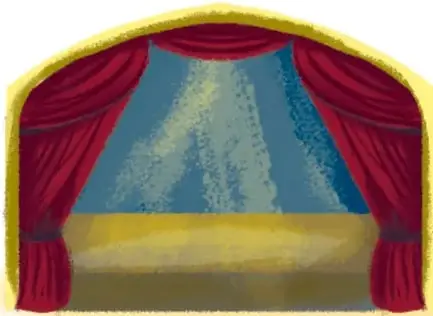 Ilustración de un escenario teatral con cortinas rojas y fondo azul iluminado.