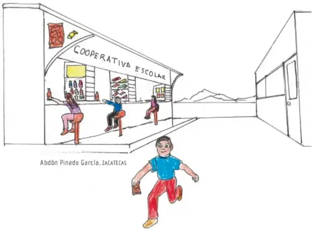 Dibujo de la cooperativa escolar con niños comprando y un niño corriendo en el patio; crédito a Abdón Pinedo García, Zacatecas.