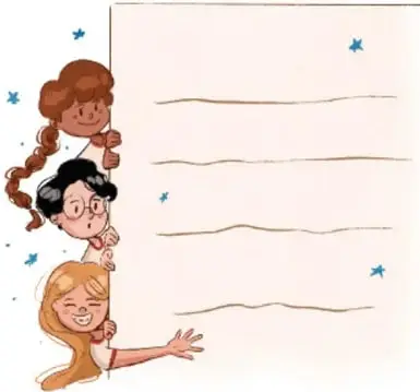 Ilustración de tres niñas asomadas detrás de una hoja o cartel en blanco con líneas de escritura, representando la hoja grande donde se registran las respuestas.