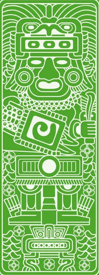 Ilustración vectorial en verde monocromático de un ser mitológico mesoamericano (estilo prehispánico) con tocado plumado, pectoral, jaladores y motivos geométricos, enmarcada por un rectángulo de doble filete.