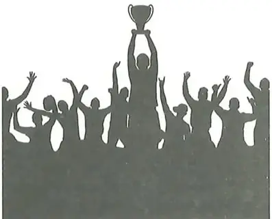 Ilustración de personas celebrando y levantando un trofeo.