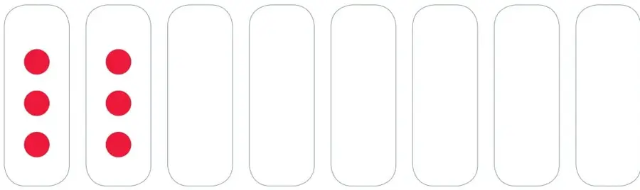 Ocho recuadros verticales rotulados Grupo 1 a Grupo 8; los dos primeros contienen 3 puntos rojos cada uno y los seis restantes están vacíos para completar.
