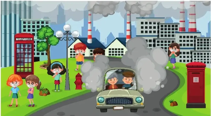 Calle de ciudad con personas usando mascarillas debido a la contaminación, edificios y autos antiguos.