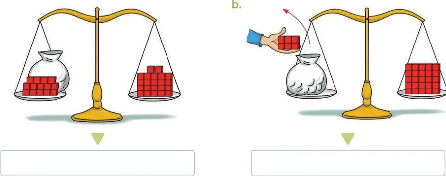 Balanza de dos platillos en equilibrio; el platillo izquierdo contiene una bolsa transparente con 3 cubos rojos y el derecho 7 cubos rojos apilados.