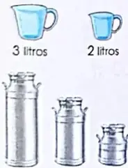Se ilustran recipientes con capacidades de 3 y 2 litros, y cántaros de 16, 10 y 6 litros.